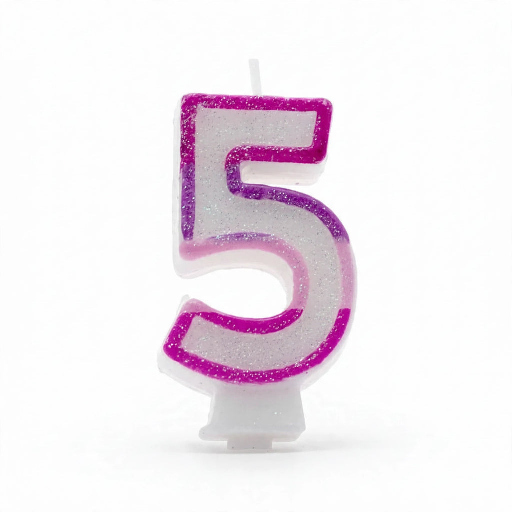 Pink Glitter Number 5 Birthday Candle with pearl-white wax body and hot magenta glitter border