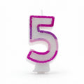 Pink Glitter Number 5 Birthday Candle with pearl-white wax body and hot magenta glitter border