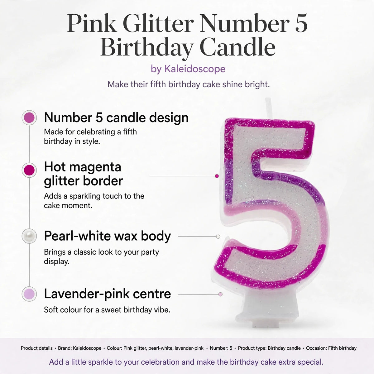 Infographic showing Number 5 candle design with hot magenta glitter border, pearl-white wax body, and lavender-pink centre