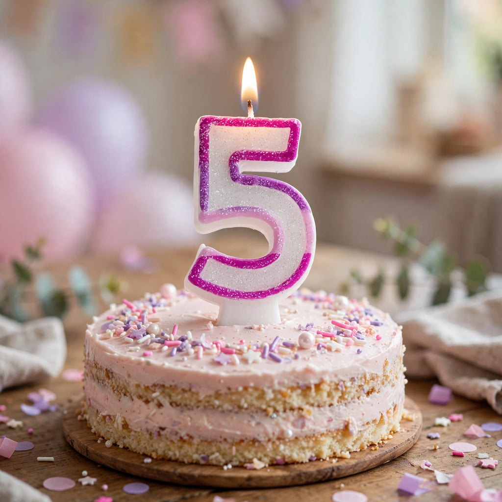 Pink Glitter Number 5 Birthday Candle displayed on a birthday cake for a fifth birthday