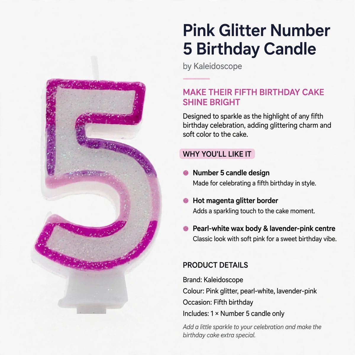 Pink Glitter Number 5 Birthday Candle designed for fifth birthday celebrations