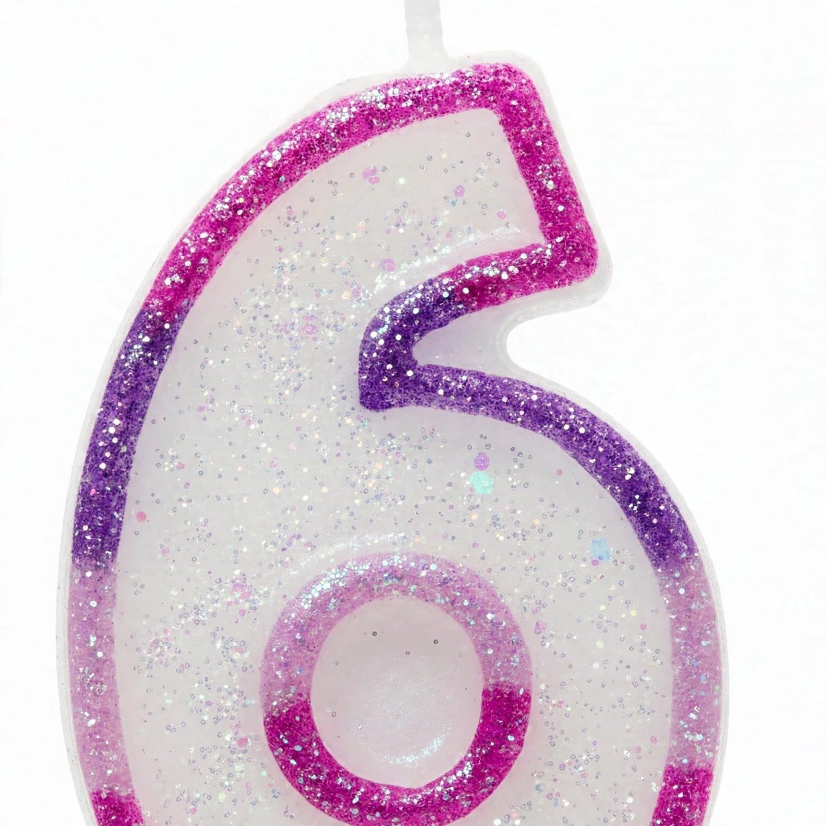 Close-up view of Pink Glitter Number 6 Birthday Candle highlighting glitter details and purple inner accent