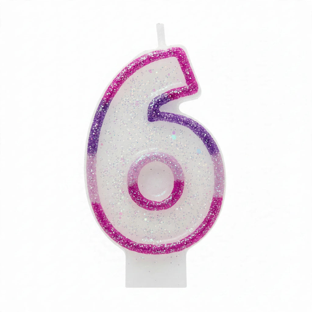 Pink Glitter Number 6 Birthday Candle with pearlescent white glitter body and hot-pink glitter border