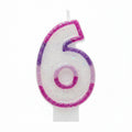 Pink Glitter Number 6 Birthday Candle with pearlescent white glitter body and hot-pink glitter border