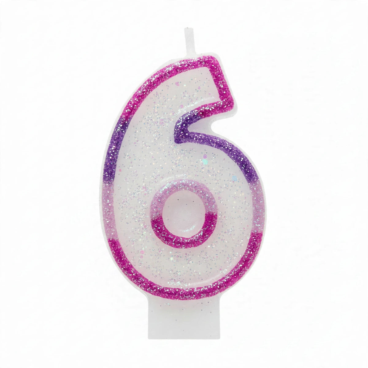 Pink Glitter Number 6 Birthday Candle with pearlescent white glitter body and hot-pink glitter border
