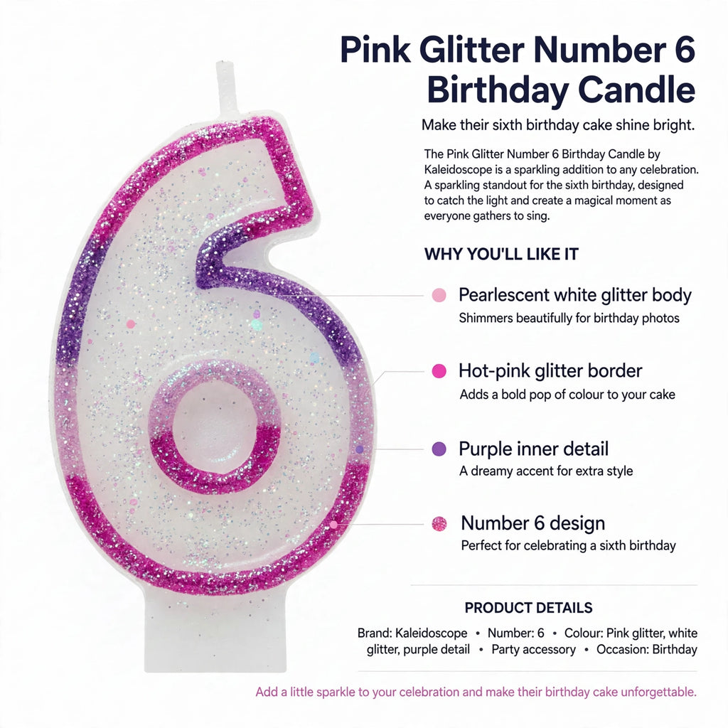 Infographic showing pearlescent white glitter body, hot-pink glitter border, purple inner detail, and number 6 design