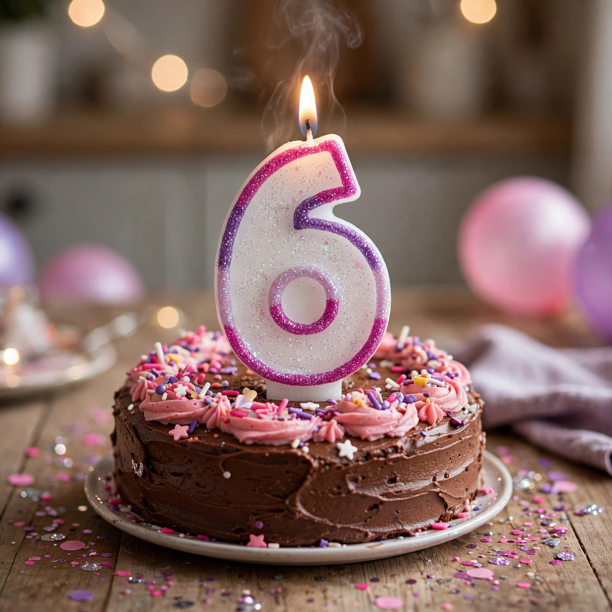Pink Glitter Number 6 Birthday Candle placed on a birthday cake for a sixth birthday celebration