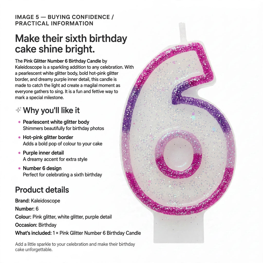 Pink Glitter Number 6 Birthday Candle designed for sixth birthday celebrations with glitter accents