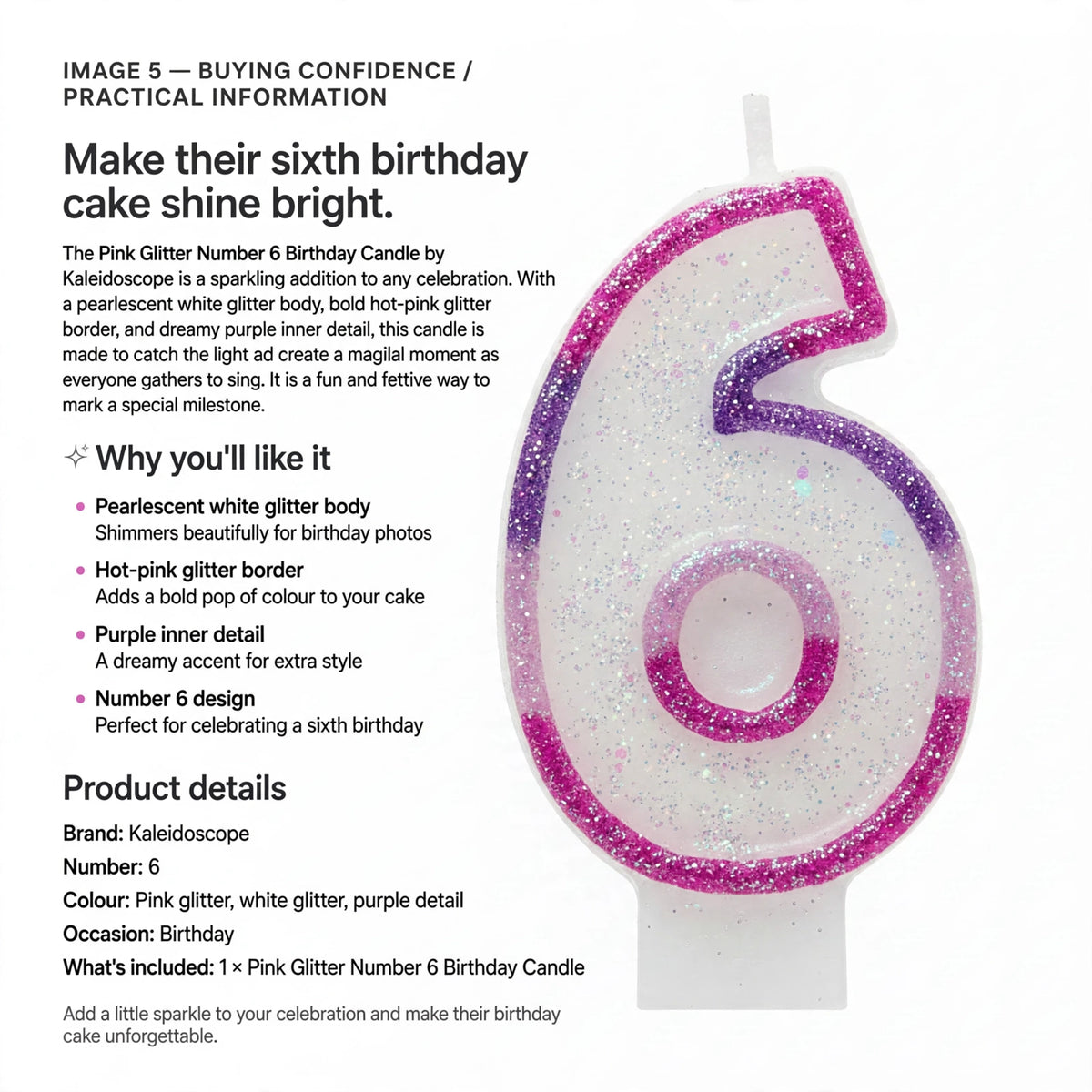 Pink Glitter Number 6 Birthday Candle designed for sixth birthday celebrations with glitter accents