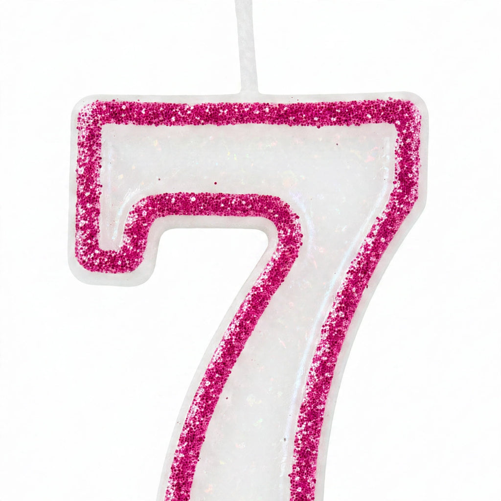 Close-up view of pink glitter number 7 birthday candle