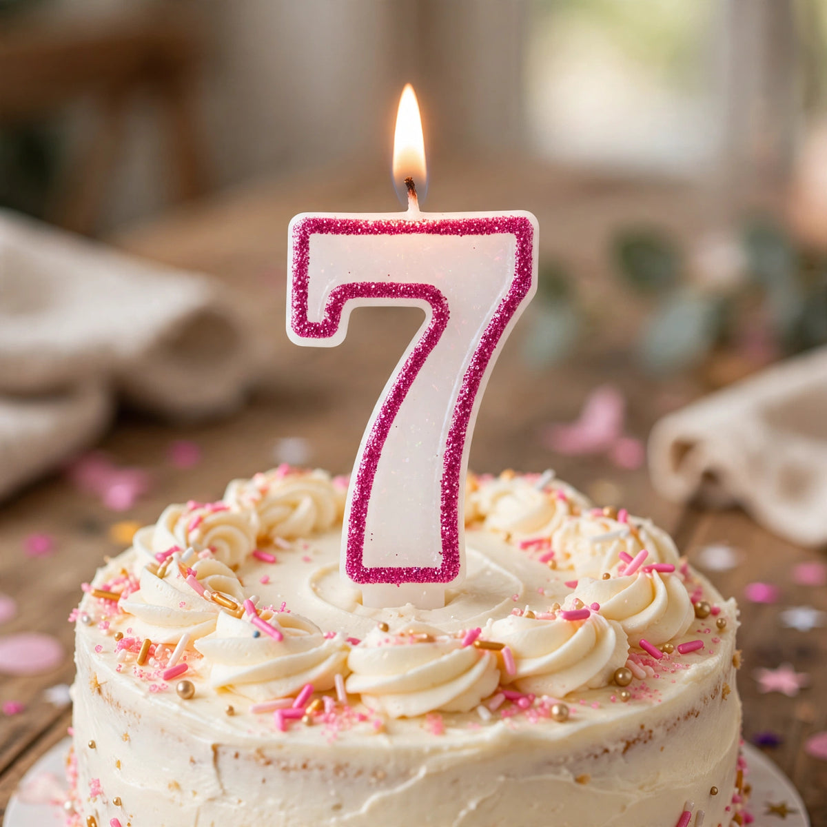 Pink Glitter Number 7 Birthday Candle placed on a birthday cake