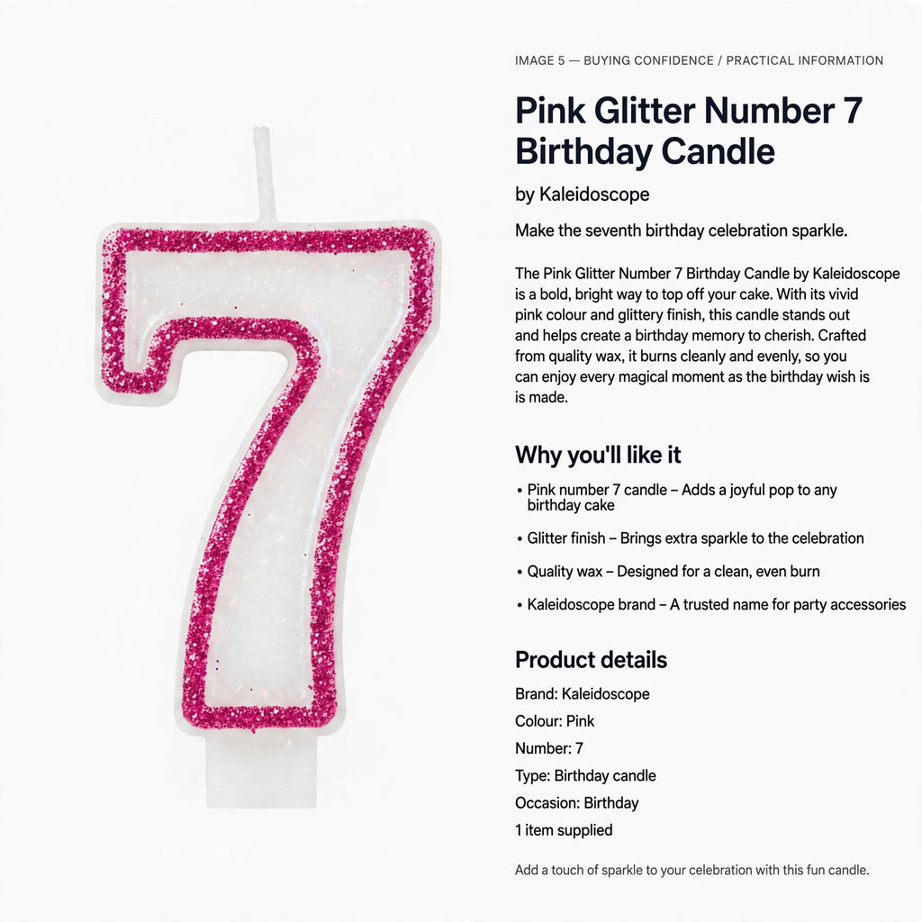 Pink glitter number 7 candle made from quality wax for clean, even burn
