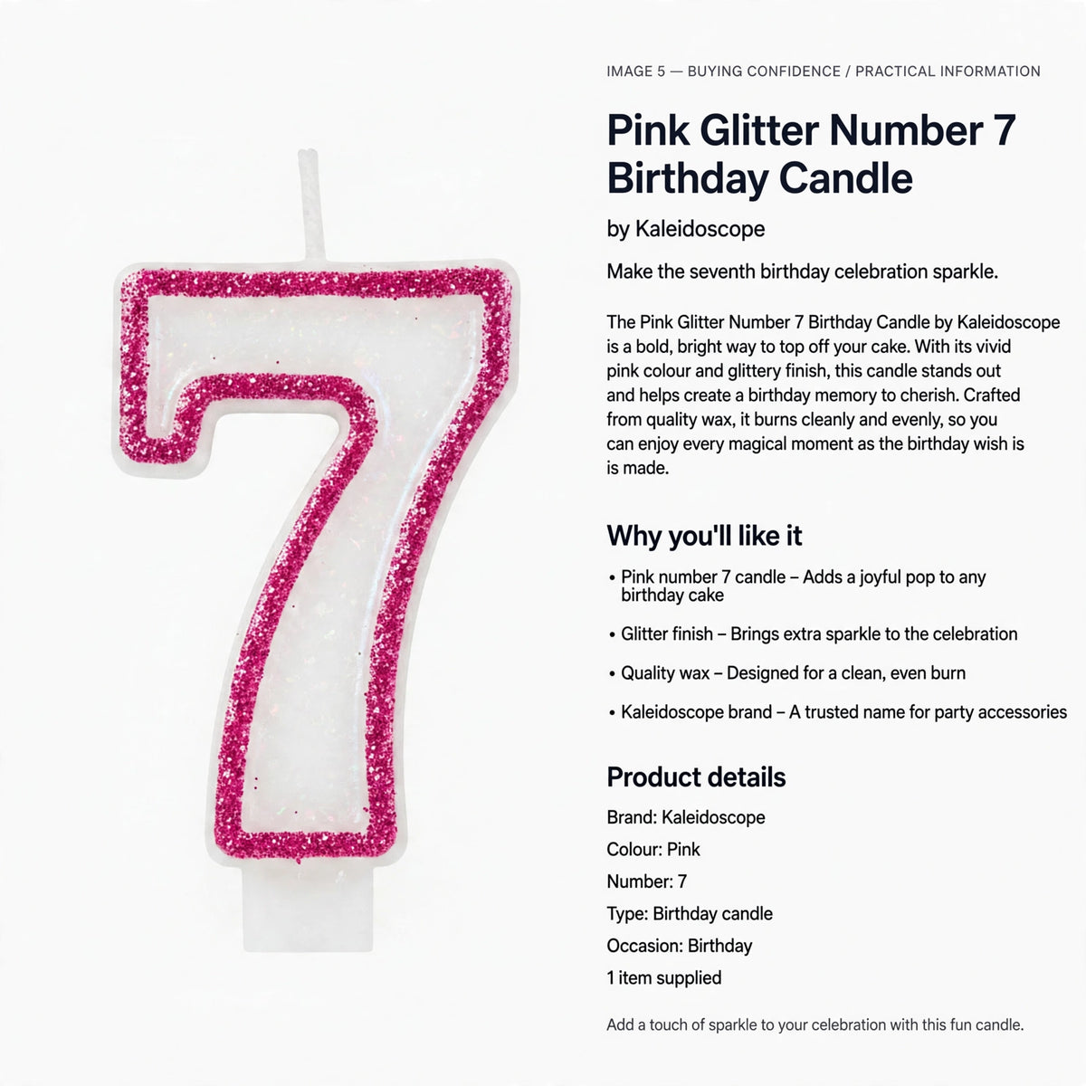 Pink glitter number 7 candle made from quality wax for clean, even burn