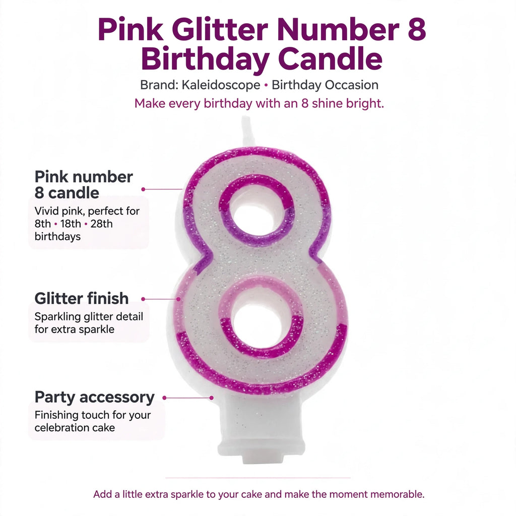 Pink number 8 candle with glitter finish and party accessory