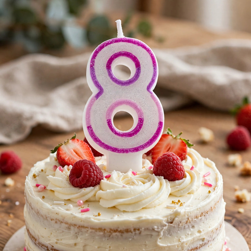 Pink glitter number 8 birthday candle on a celebration cake