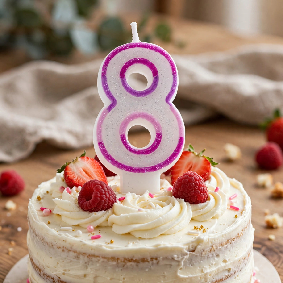 Pink glitter number 8 birthday candle on a celebration cake