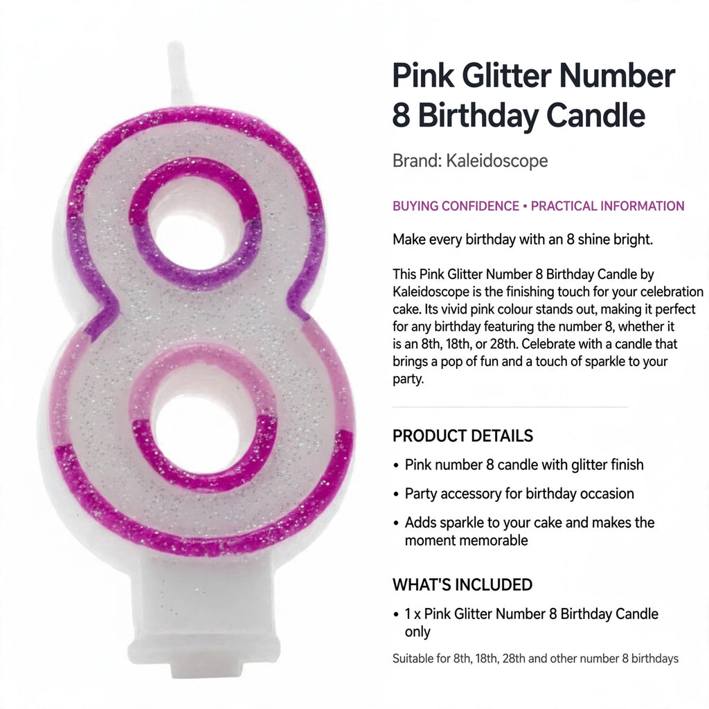 Pink glitter number 8 candle for birthday celebrations