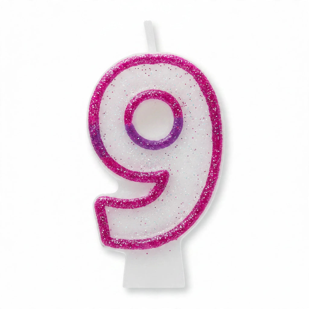Pink Glitter Number 9 Birthday Candle with glitter finish