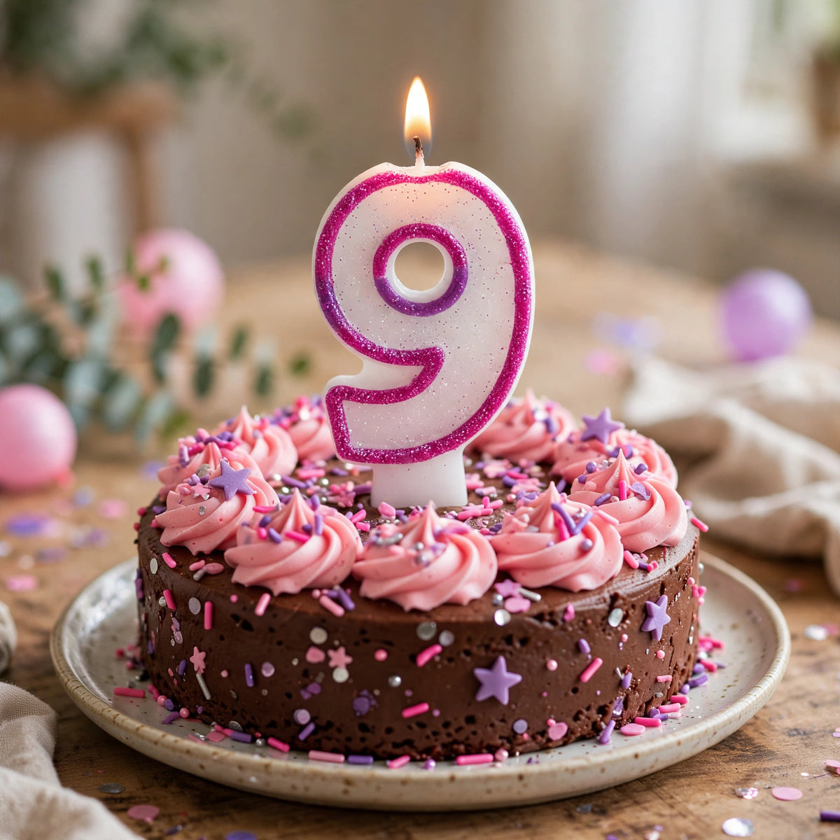 Pink Glitter Number 9 Birthday Candle placed on a birthday cake