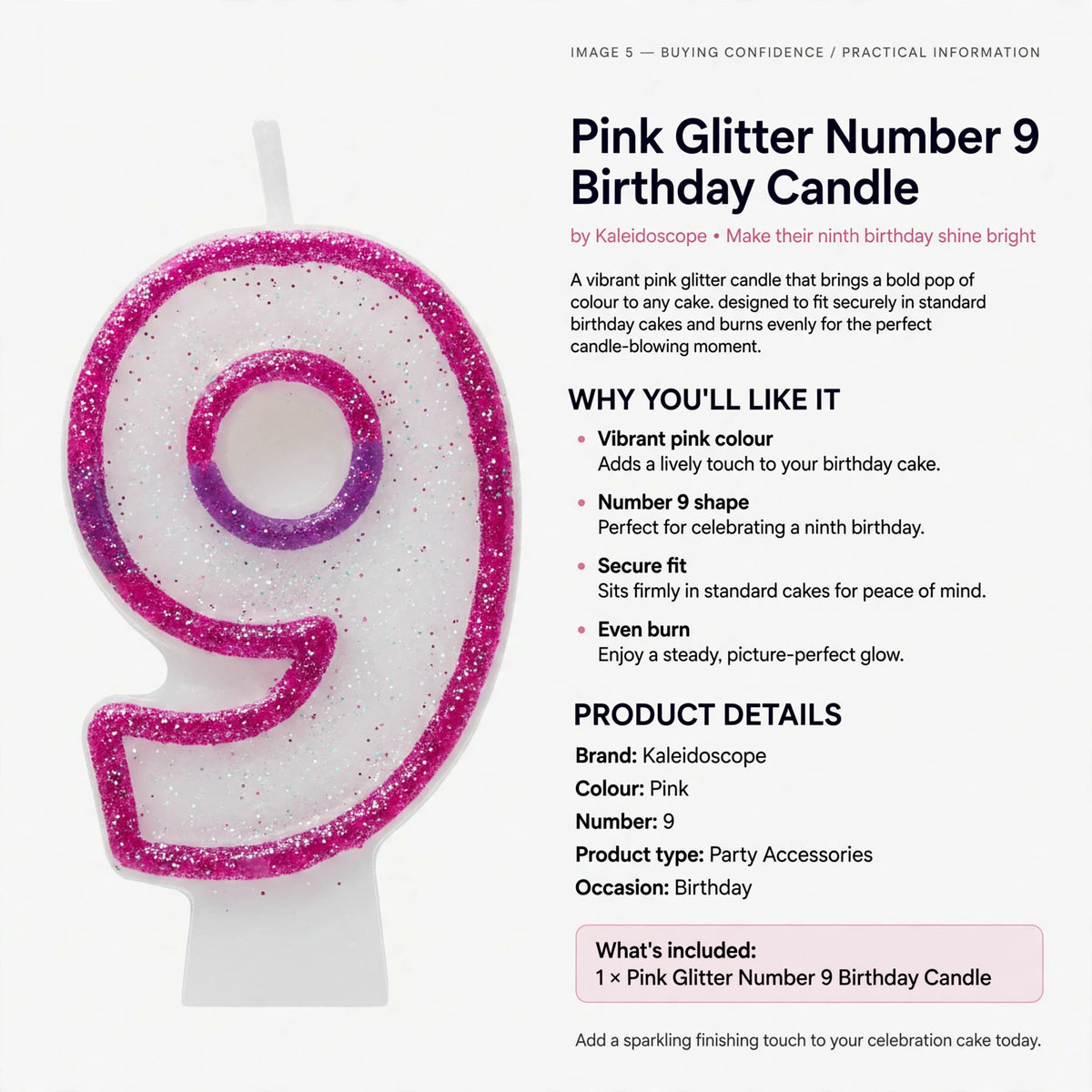 Pink glitter number 9 candle designed to fit securely in standard birthday cakes and burn evenly
