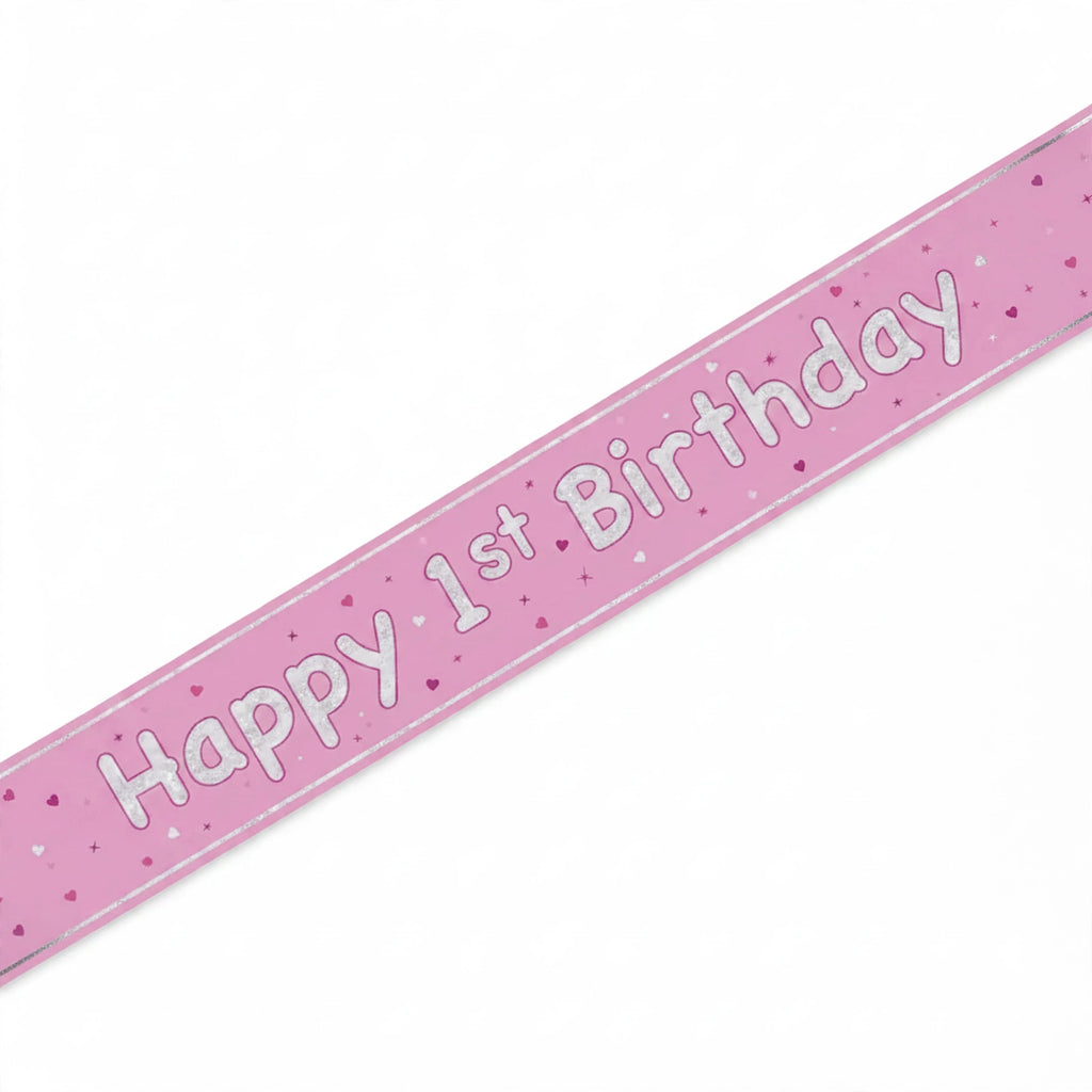 Pink Glitz Happy 1st Birthday prismatic foil banner 9ft long