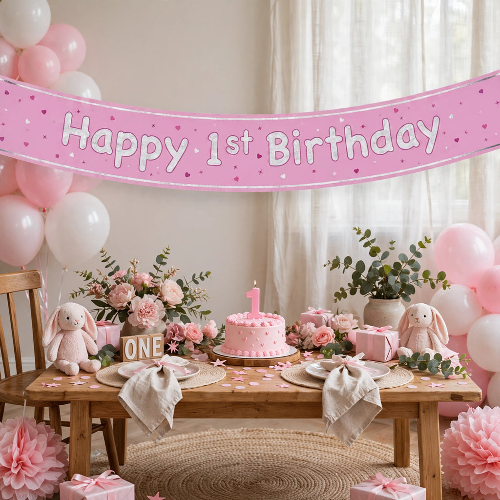 Pink Glitz Happy 1st Birthday prismatic foil banner displayed at baby girl birthday party