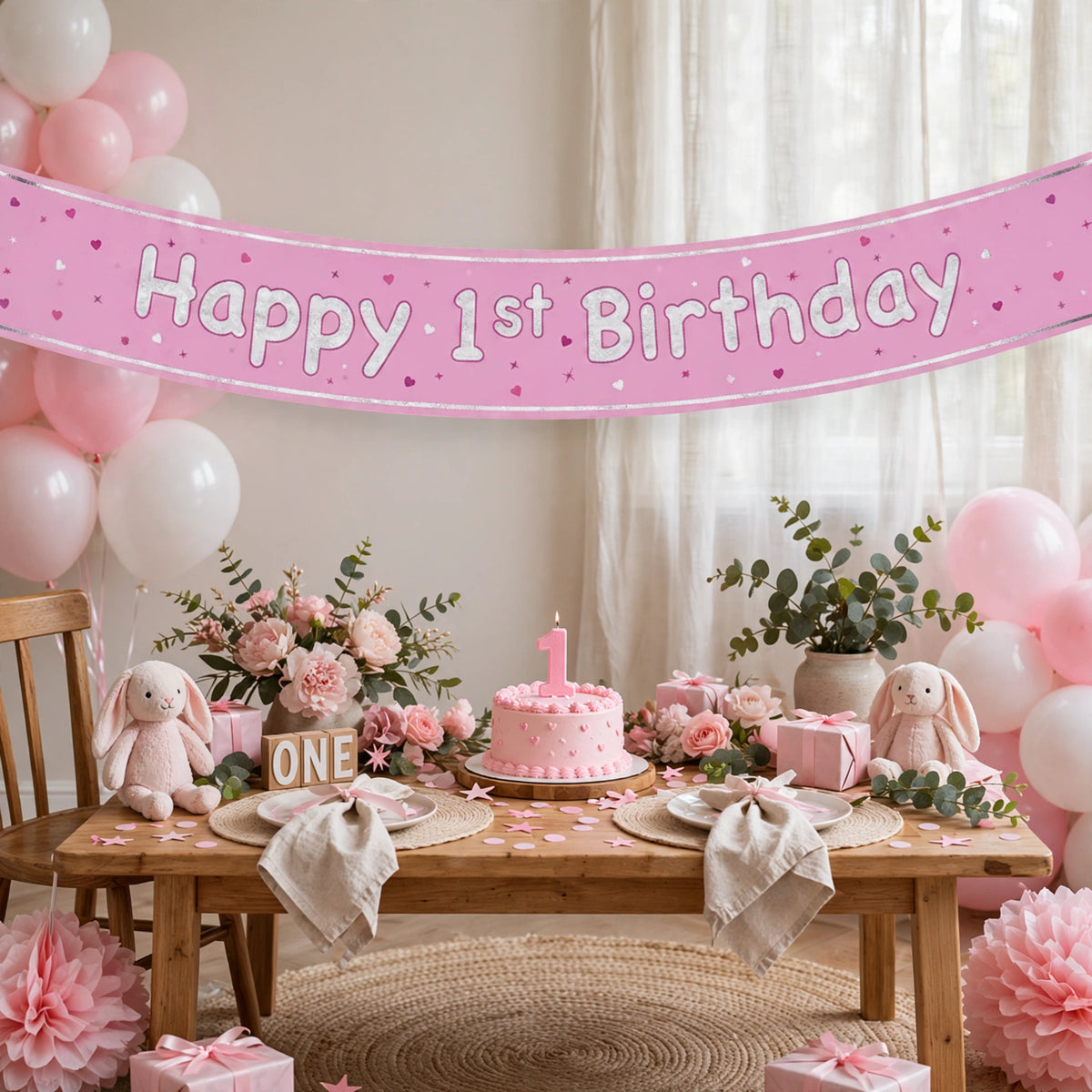 Pink Glitz Happy 1st Birthday prismatic foil banner displayed at baby girl birthday party
