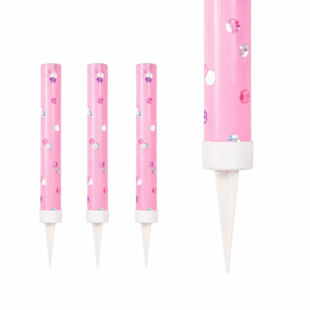 Three pink glitz ice fountains showing reflective tubes collars and cake spikes