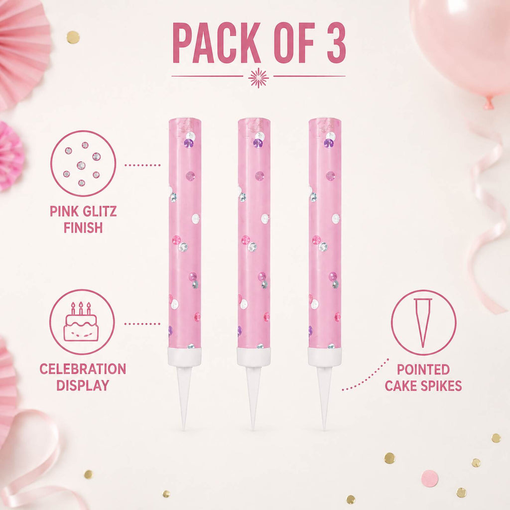 Pink glitz cake fountain three pack feature infographic