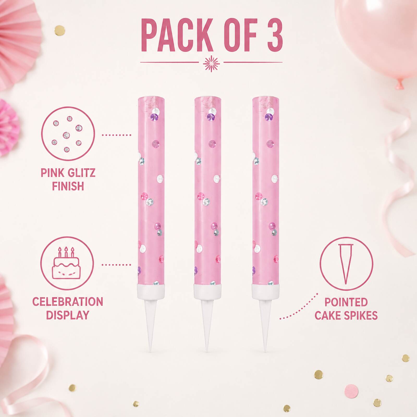 Pink glitz cake fountain three pack feature infographic