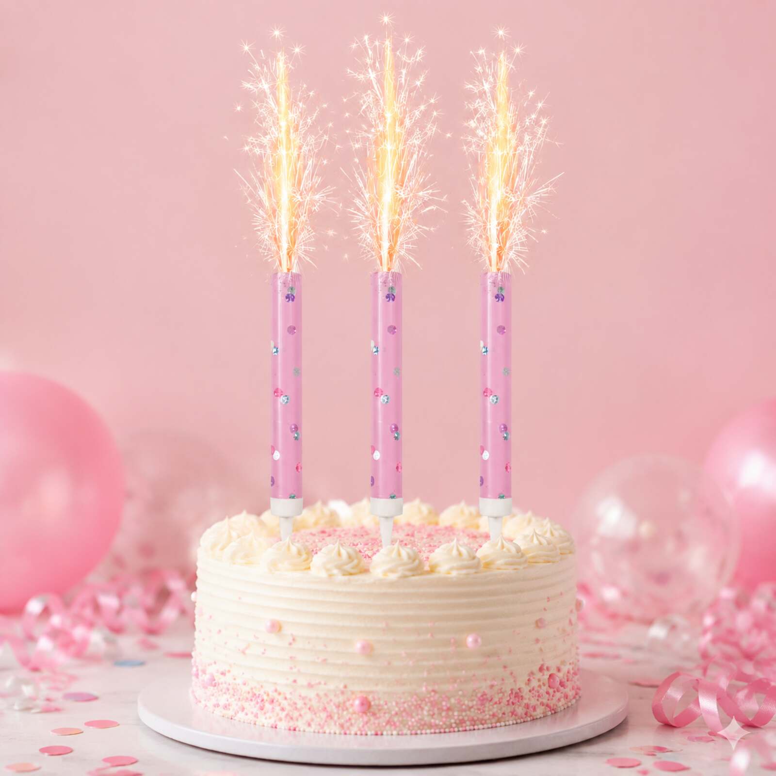 Three pink glitz ice fountains lit safely on a celebration cake