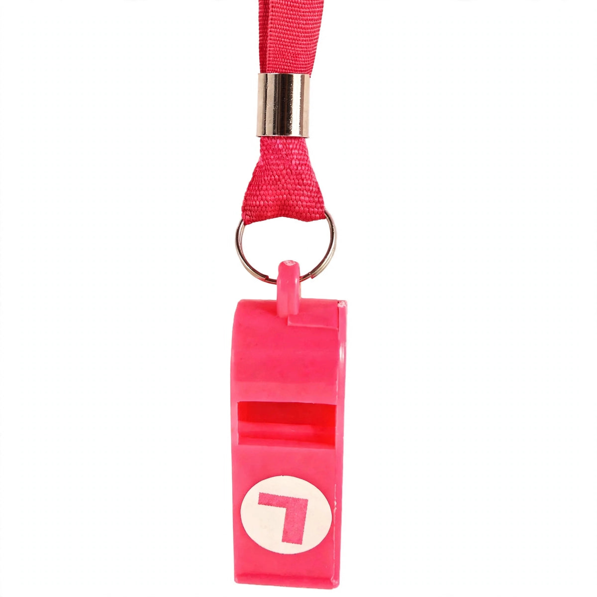 Close-up view of pink hen party whistle with L-plate on cord