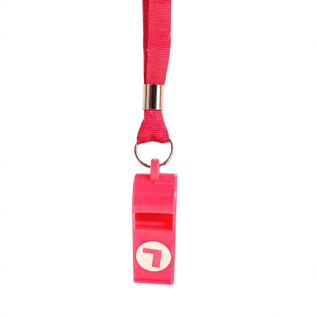 Pink hen party whistle on an 80cm cord with attached L-plate