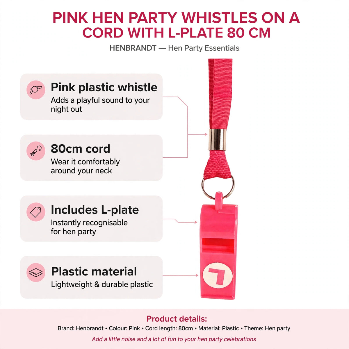 Infographic showing pink plastic whistle, 80cm cord, and attached L-plate features