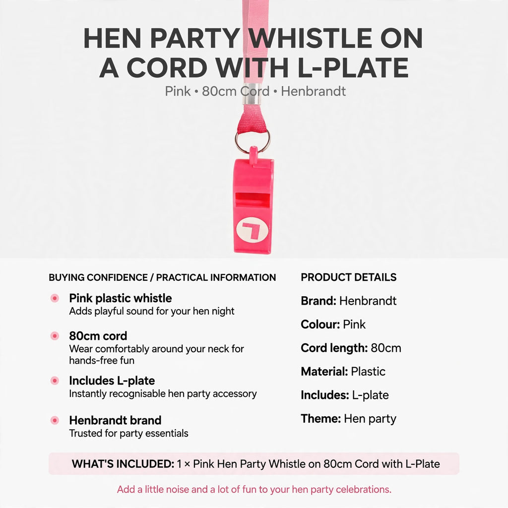Hen party whistle with plastic L-plate and 80cm cord for wearing around neck