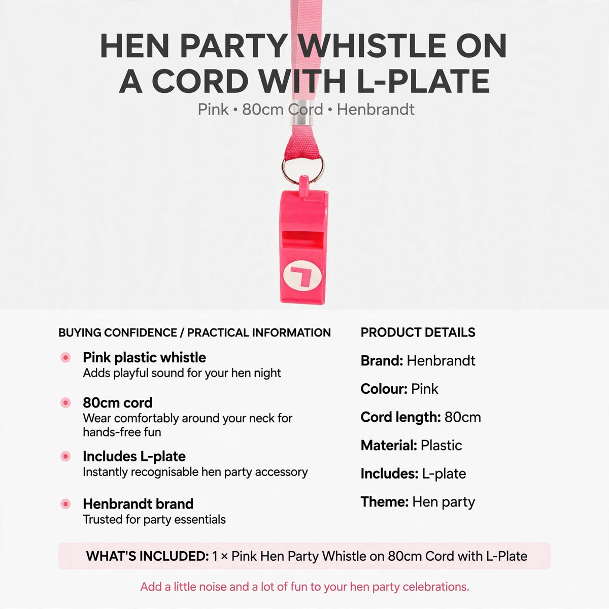 Hen party whistle with plastic L-plate and 80cm cord for wearing around neck
