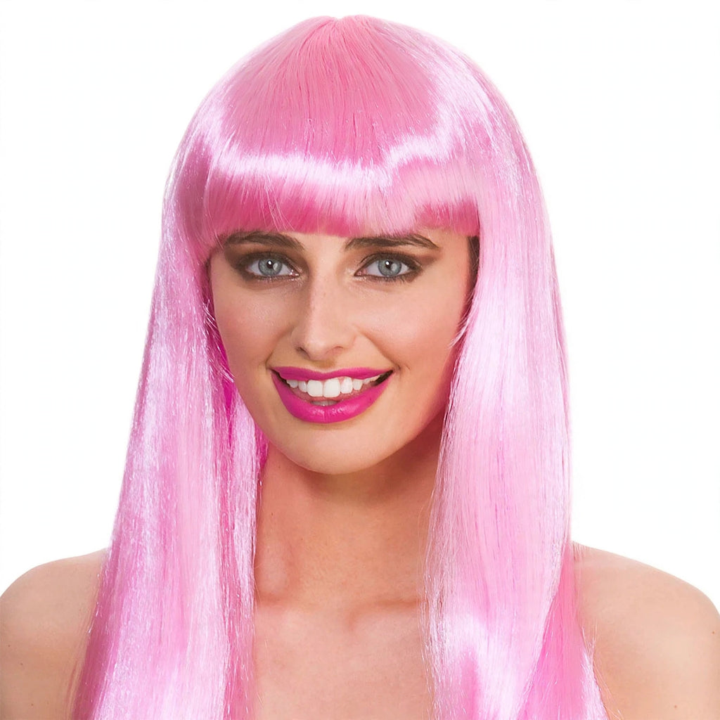 Close-up view of Womens Long Pink Fringe Wig showing straight-cut blunt fringe and bubblegum-pink strands