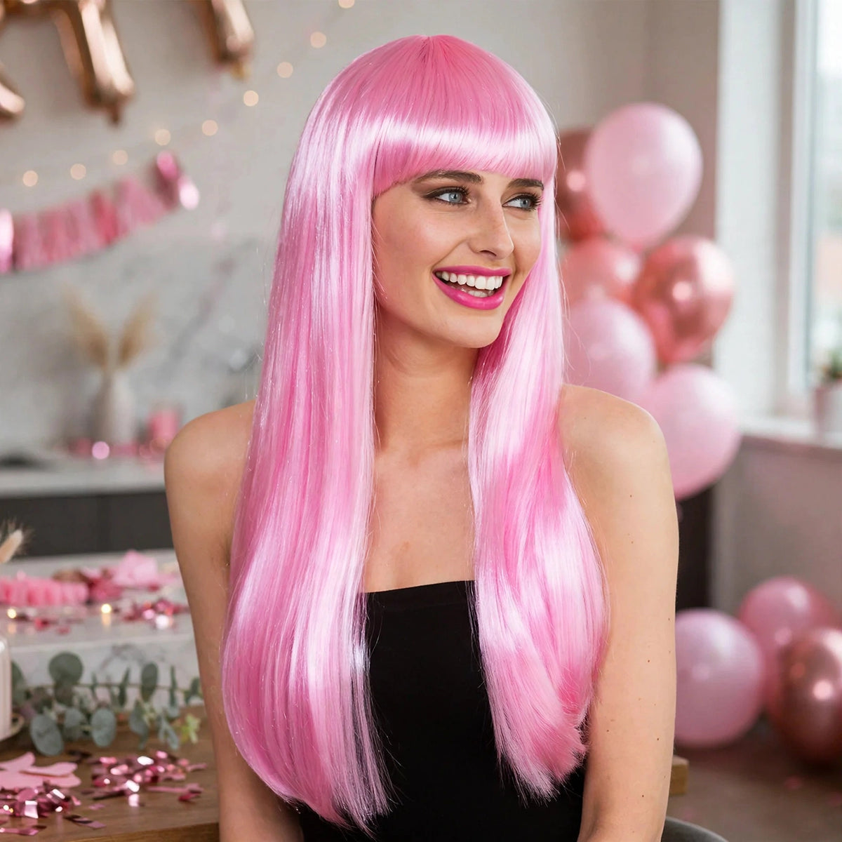 Womens Long Pink Fringe Wig styled for hen parties, 80s nights, or cosplay adventures
