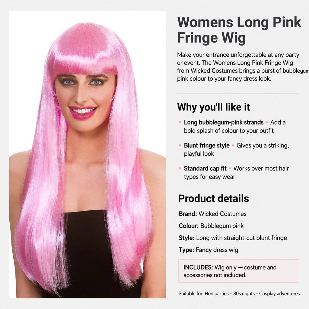 Womens Long Pink Fringe Wig with standard cap fit suitable for most hair types