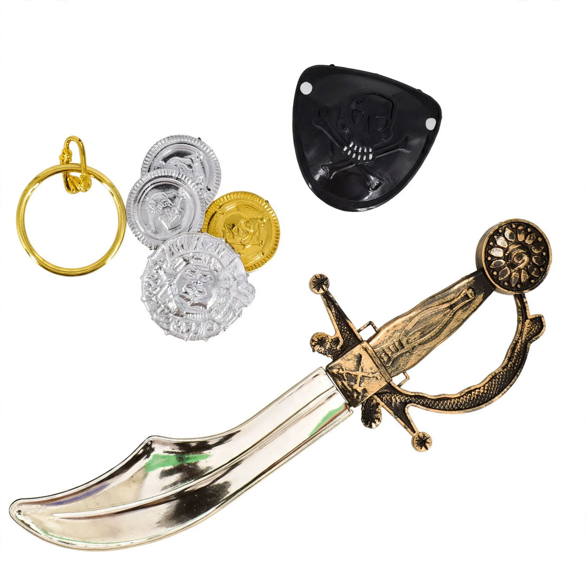Close-up view of toy cutlass sword and pirate eyepatch included in Pirate Cutlass Fancy Dress Set