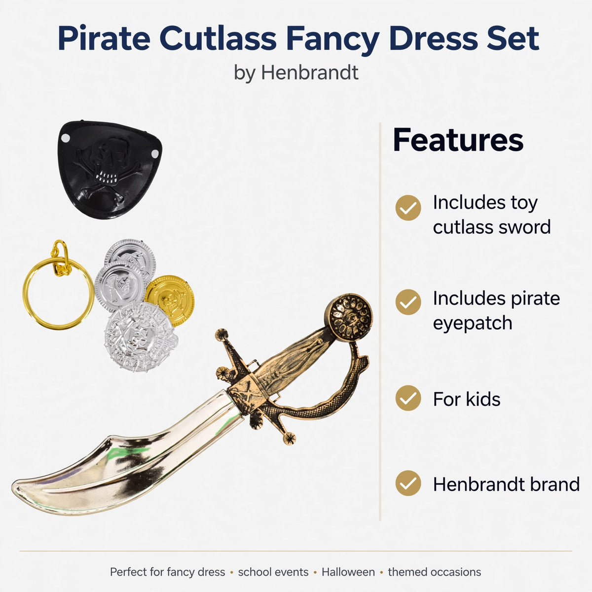 Features include toy cutlass sword and pirate eyepatch for pirate costume