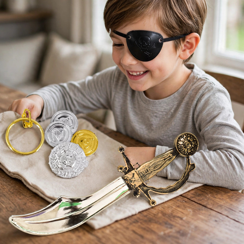 Child wearing Pirate Cutlass Fancy Dress Set with toy cutlass sword and pirate eyepatch at a themed event