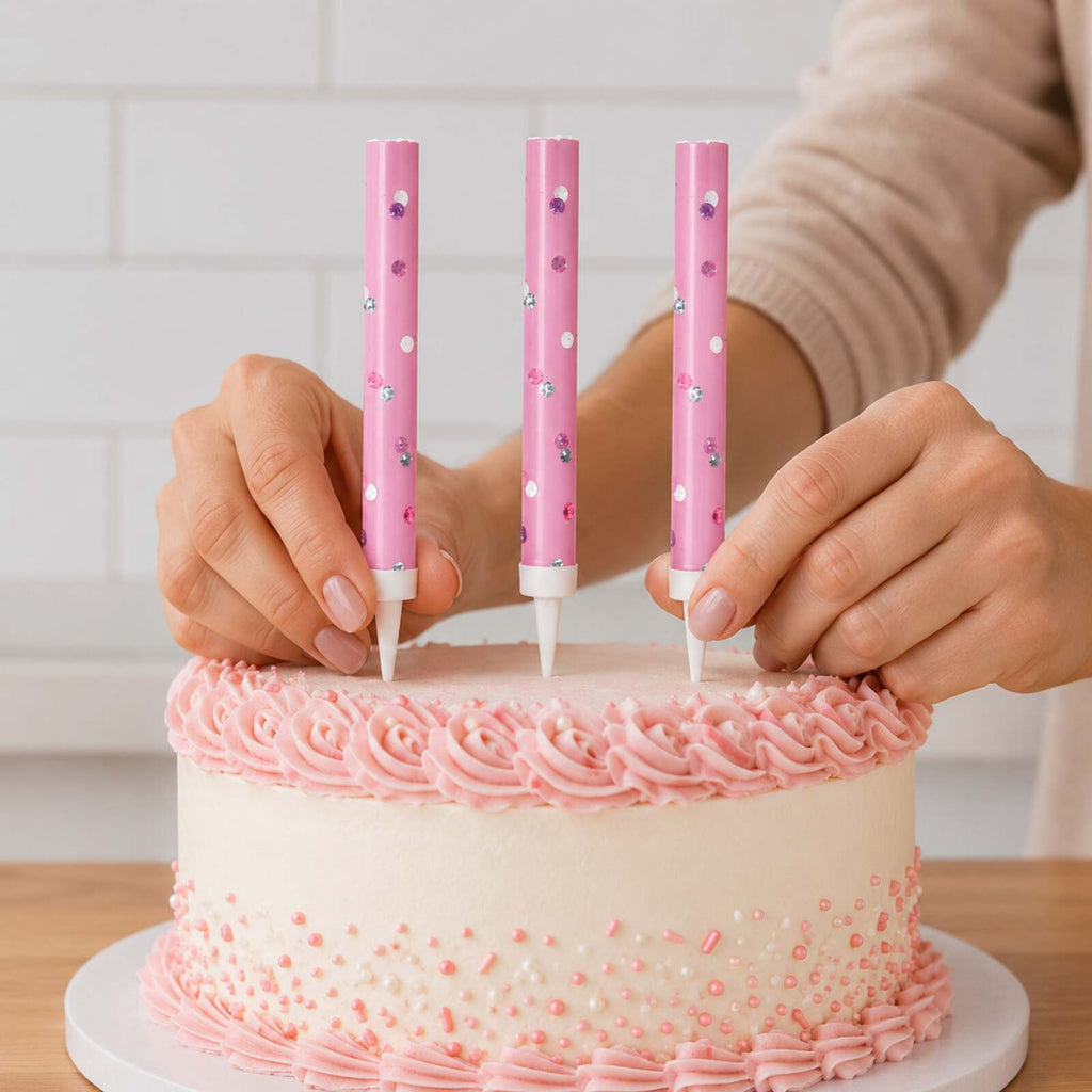 Adult hands placing three unlit pink glitz fountains into a cake