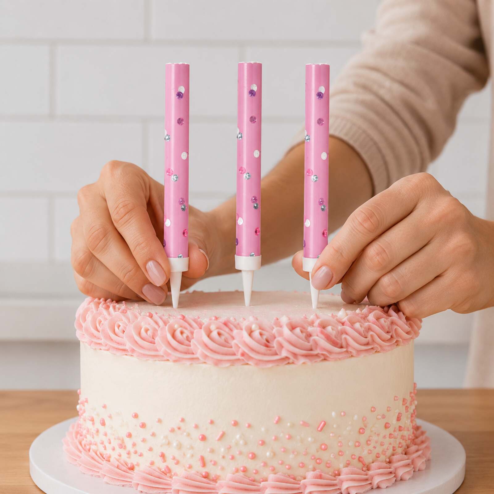 Adult hands placing three unlit pink glitz fountains into a cake