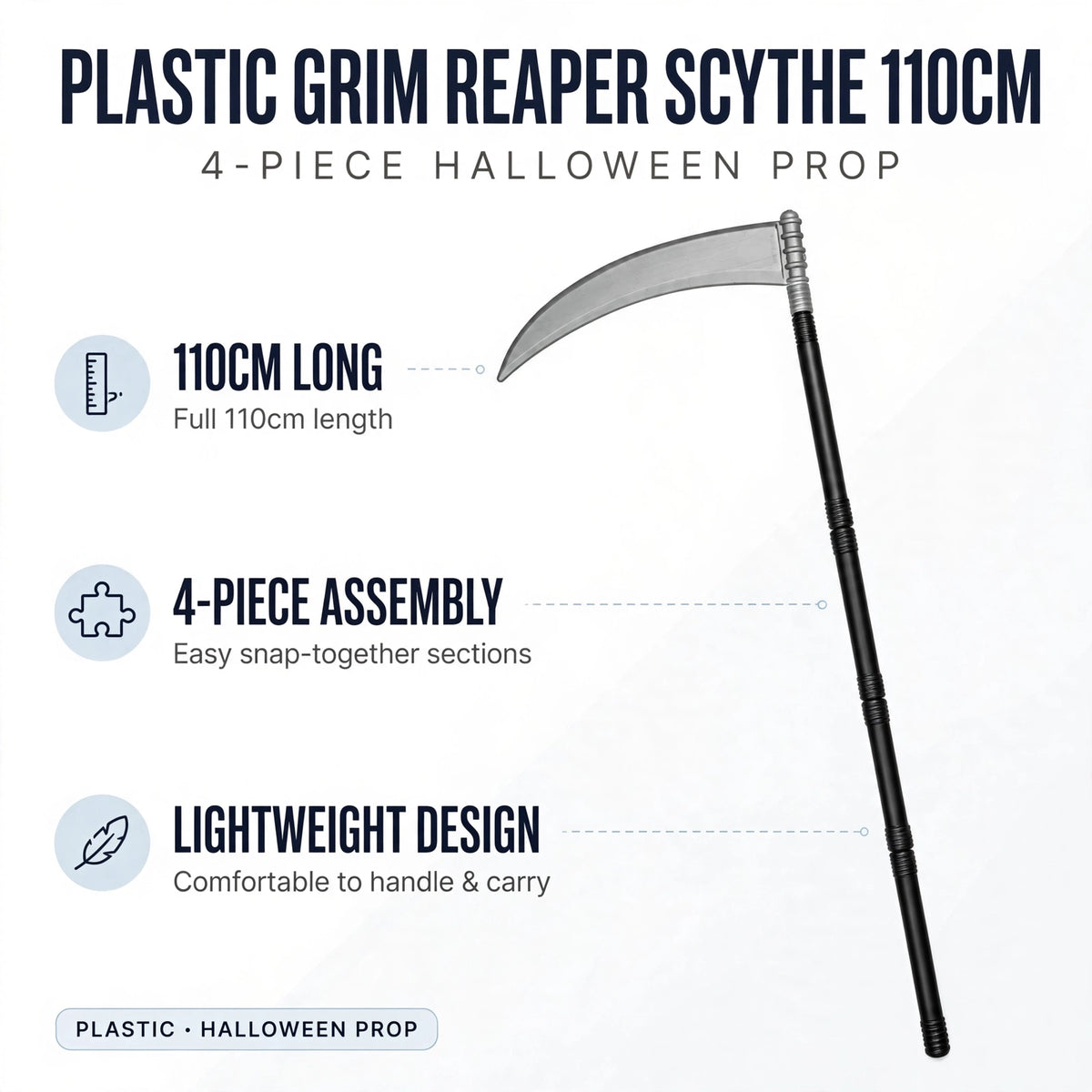 Features of the Plastic Grim Reaper Scythe including 110cm length and 4-piece assembly
