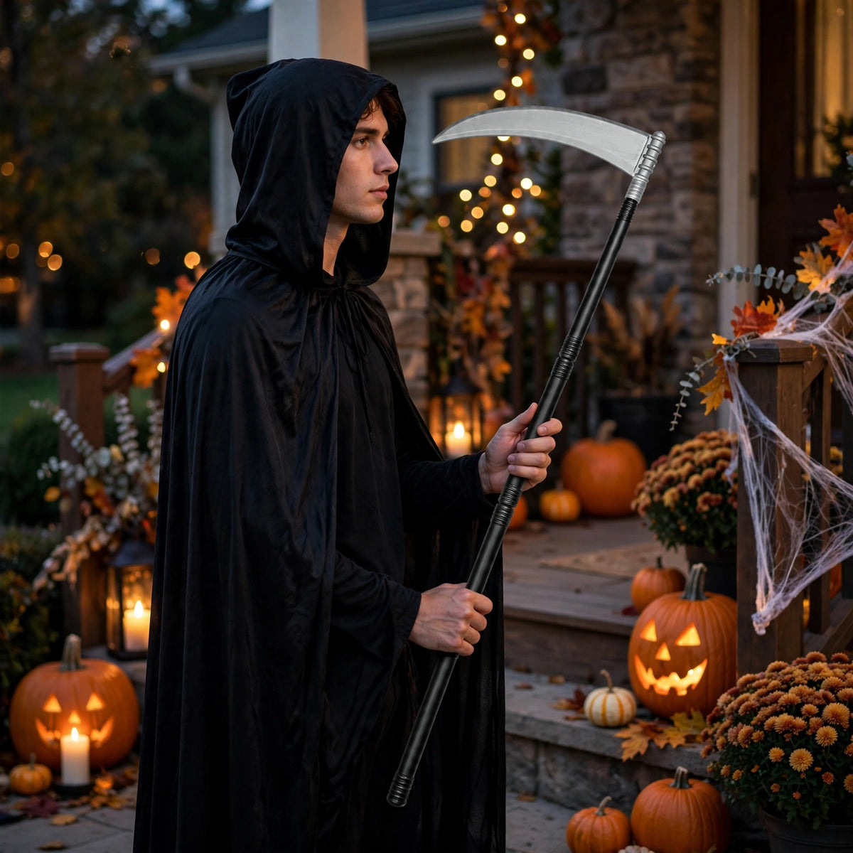 The Plastic Grim Reaper Scythe displayed as part of a Halloween costume