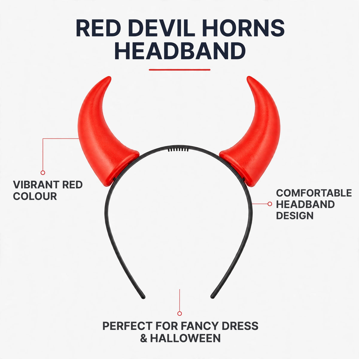 Features of the Red Devil Horns Headband including vibrant red colour and comfortable design