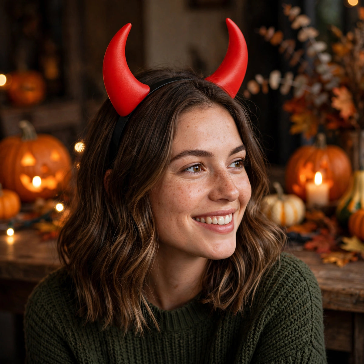 Red Devil Horns Headband worn at a Halloween party