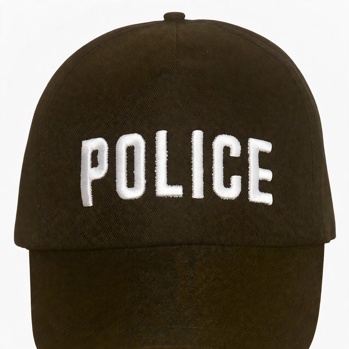 Close-up view of black police cap showing white POLICE lettering and adjustable back strap