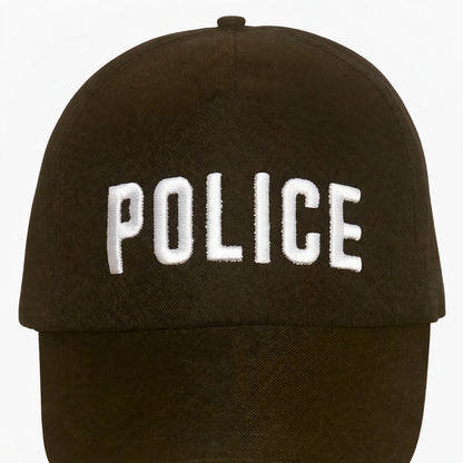 Close-up view of black police cap showing white POLICE lettering and adjustable back strap